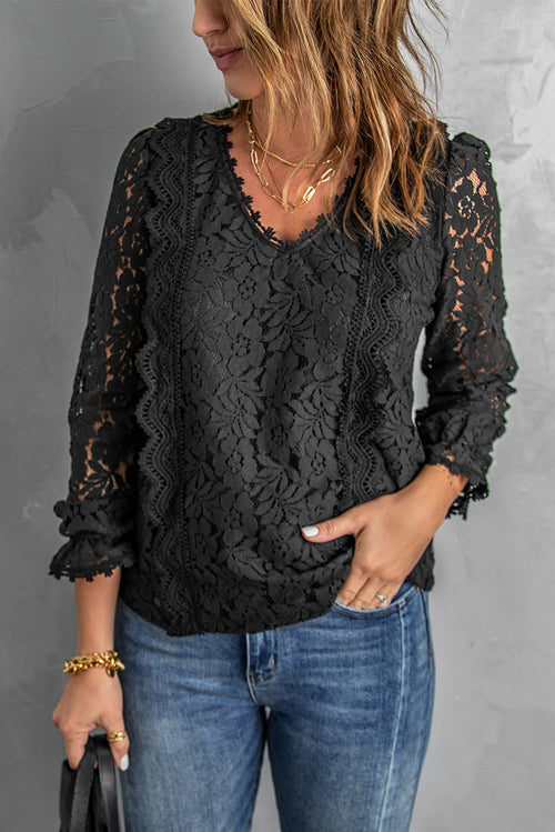 Lace Crochet V-Neck Flounce Sleeve Top (more color options)