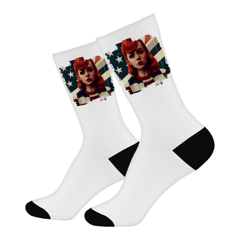 Girl Red Hair American Socks - Patriotic Novelty Socks - Art Crew Socks