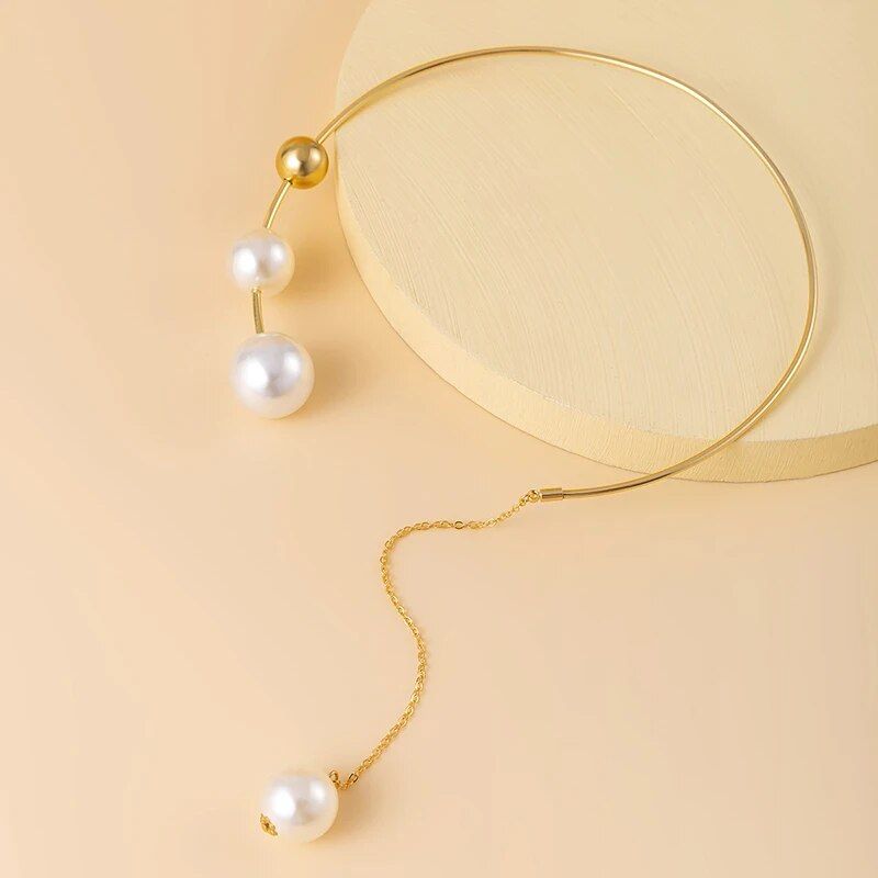 Elegant Geometric Collar Necklace and Pearl Earring Set for Women