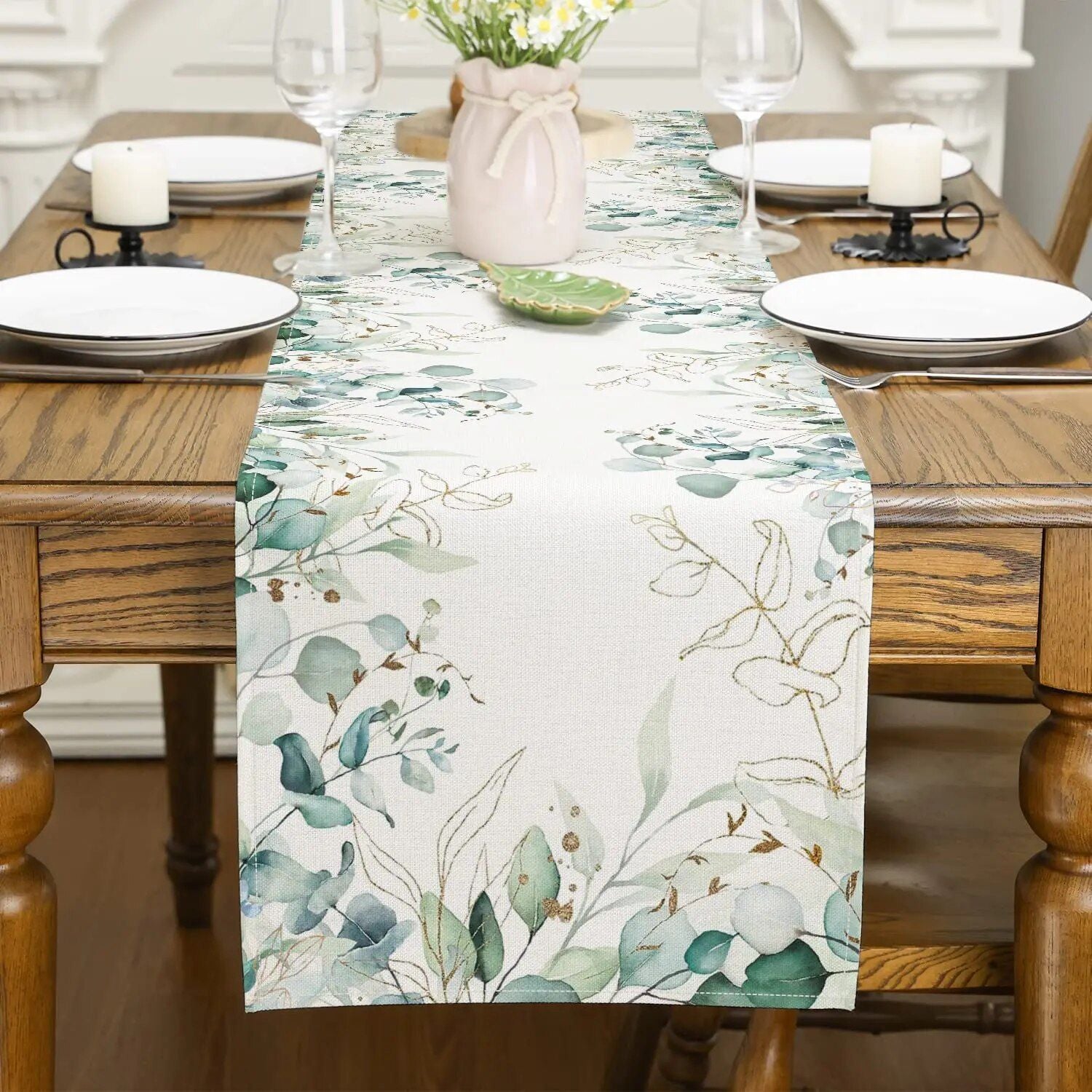 Spring Green Eucalyptus Linen Table Runner