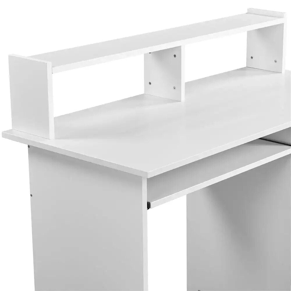 Modern White Wooden Computer Desk with Drawers and Keyboard Tray