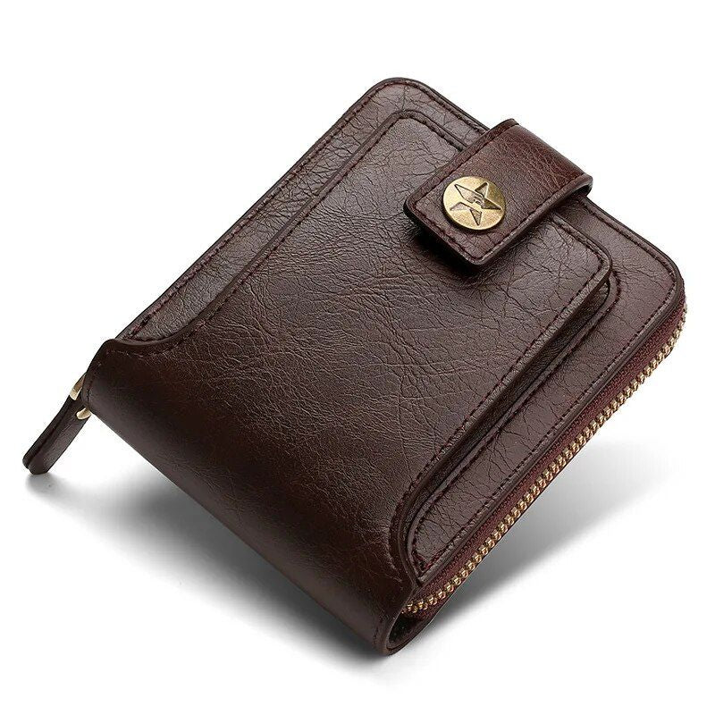 Classic Vintage Men's PU Leather Short Wallet with Zipper & Hasp Closure