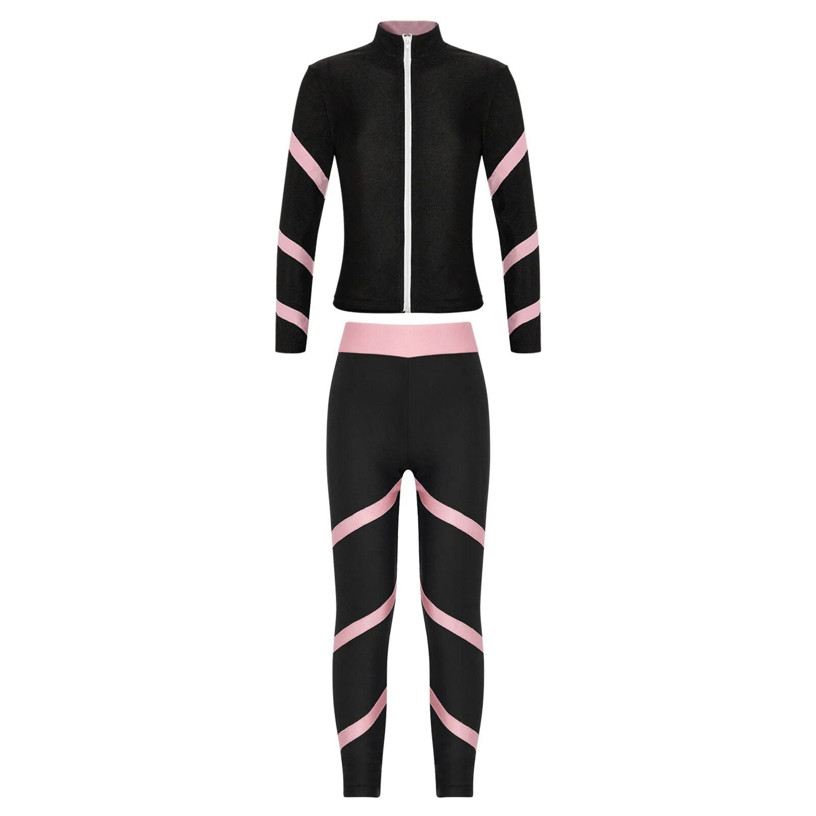 Girls' Striped Sportswear Set: Long Sleeve Zipper Top & Leggings for Gymnastics, Yoga & Dance