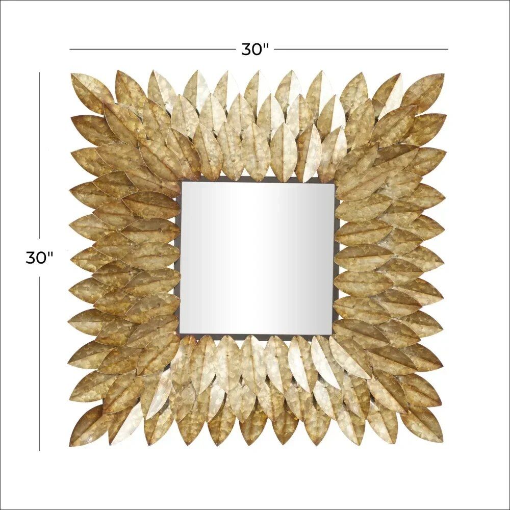 Rustic Radial Leaf Design Wall Mirror - 30" Brown Square Mirror for Home Decor