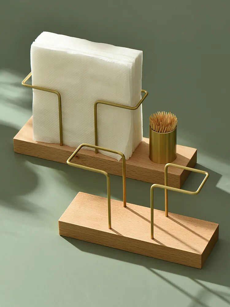 Elegant Wood and Brass Desktop Organizer with Multi-Functional Tissue and Toothpick Holder