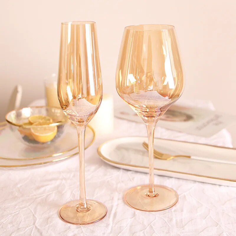 Elegant Amber Crystal Wine & Champagne Glasses - Handmade Goblet Set for Special Occasions