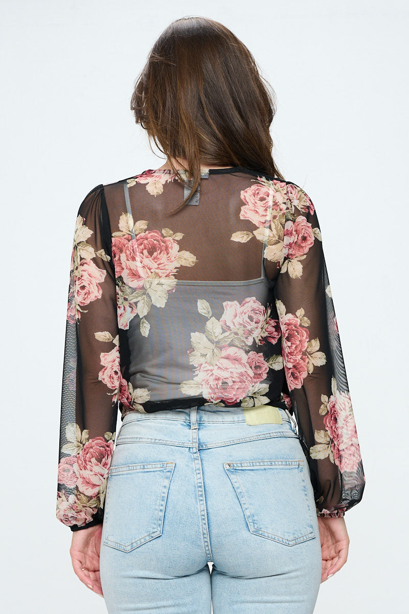 Floral mesh surplice blouse