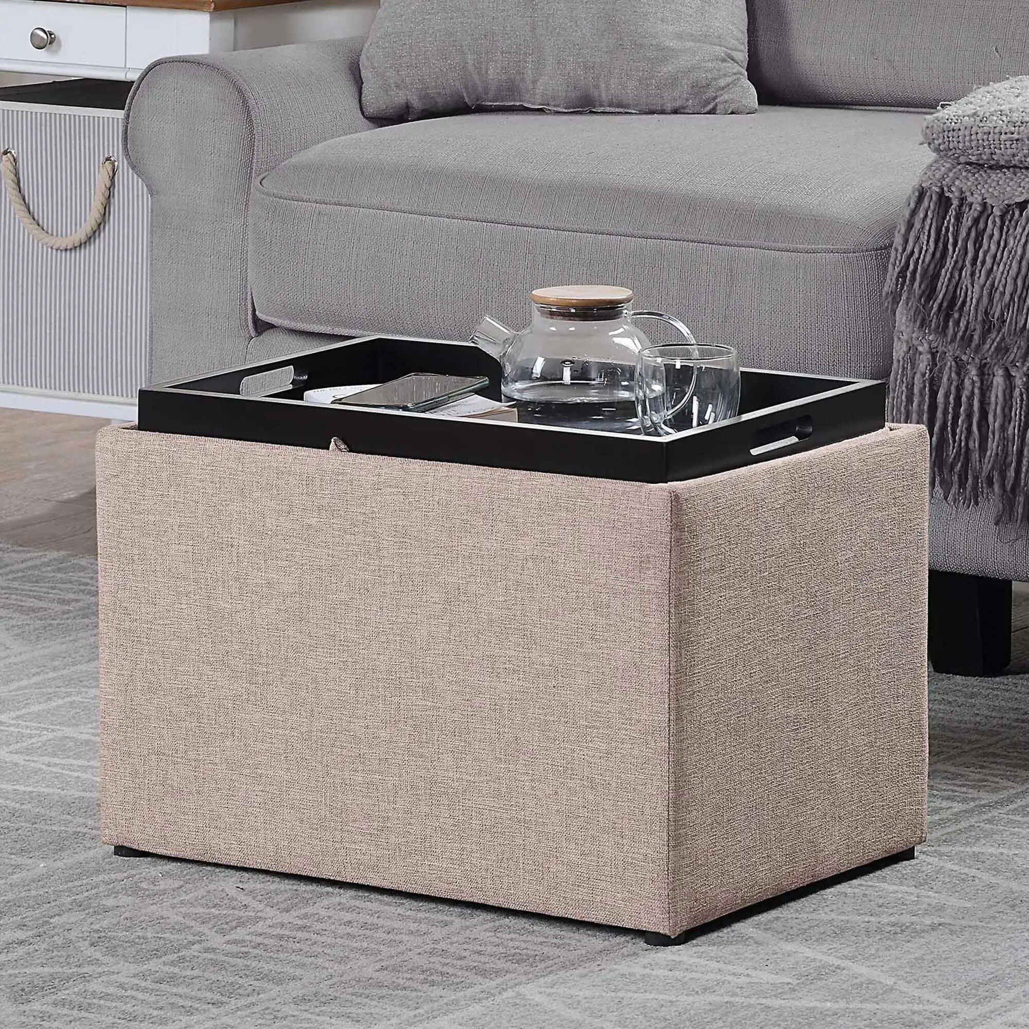 Multi-Functional Tan Fabric Ottoman with Reversible Tray and Storage