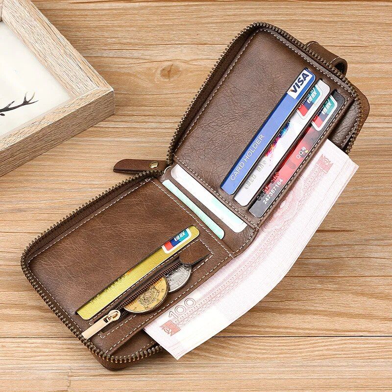 Classic Vintage Men's PU Leather Short Wallet with Zipper & Hasp Closure