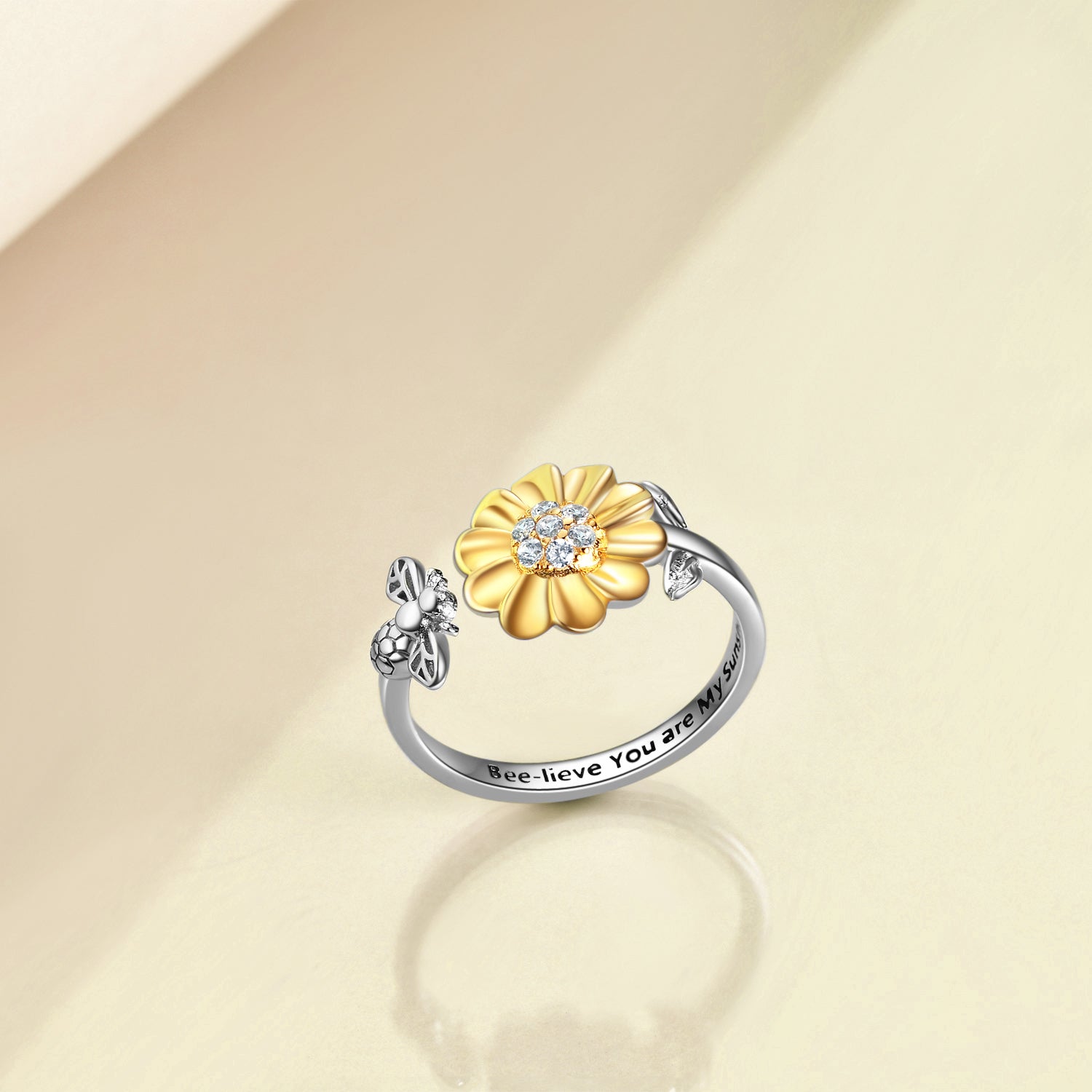 Sterling Silver Sunflower with Bee-live You Are My Sunshine Open