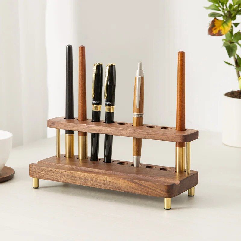 Elegant Black Walnut Wood Desk Organizer for Phones, Tablets, and Stationery