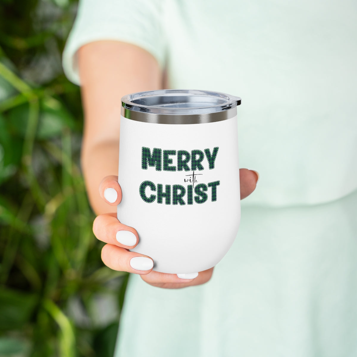 Insulated Tumbler - 12oz, Merry With Christ, Green Plaid Christmas