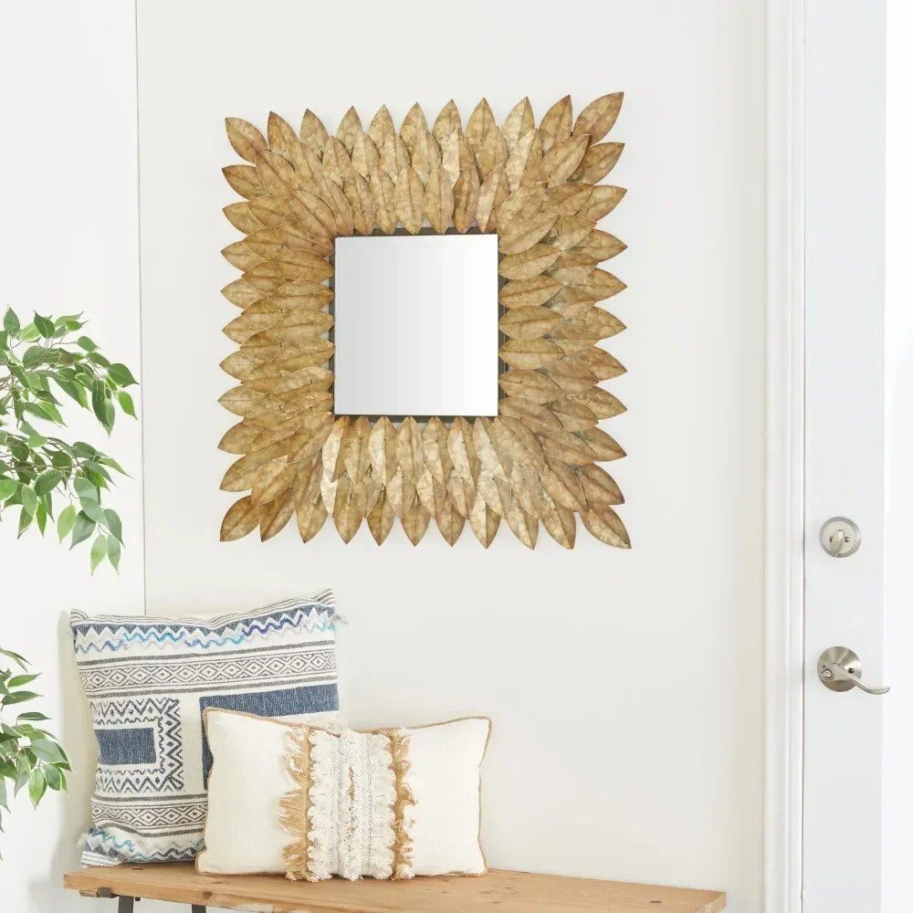 Rustic Radial Leaf Design Wall Mirror - 30" Brown Square Mirror for Home Decor