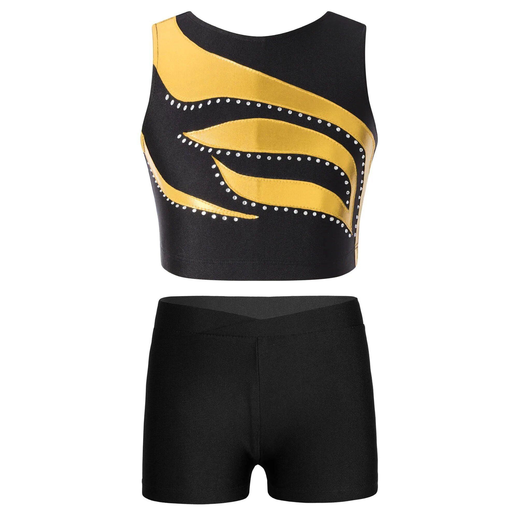 Girls Dance & Gymnastics Outfit - Sleeveless Shiny Rhinestone Crop Top with Shorts