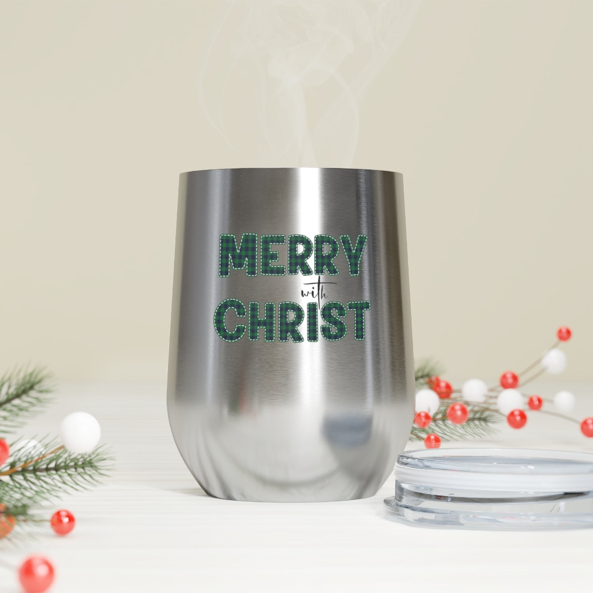 Insulated Tumbler - 12oz, Merry With Christ, Green Plaid Christmas