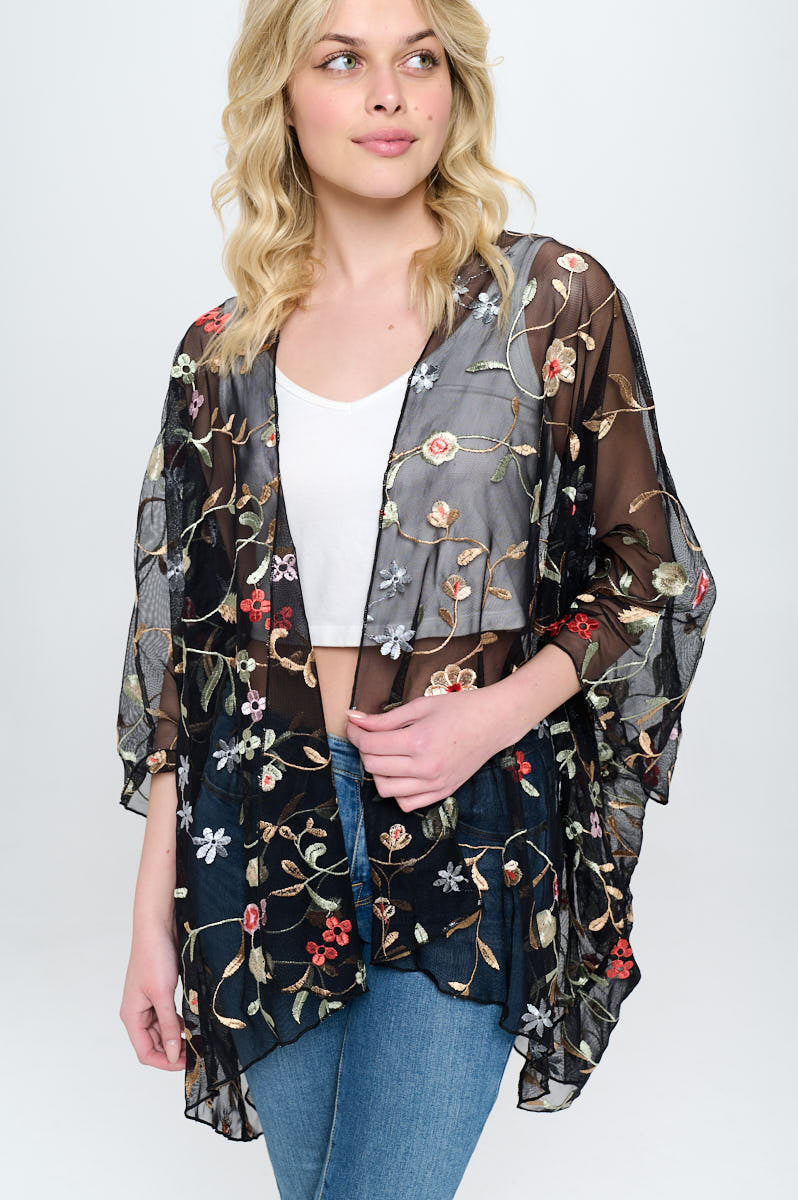 Floral embroidered mesh oversized kimono