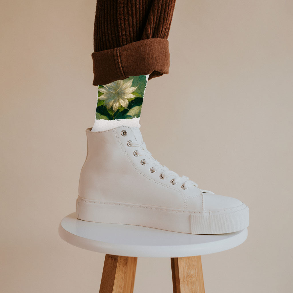 Artificial Dahlia Flower Socks - Flower Novelty Socks - Printed Crew Socks