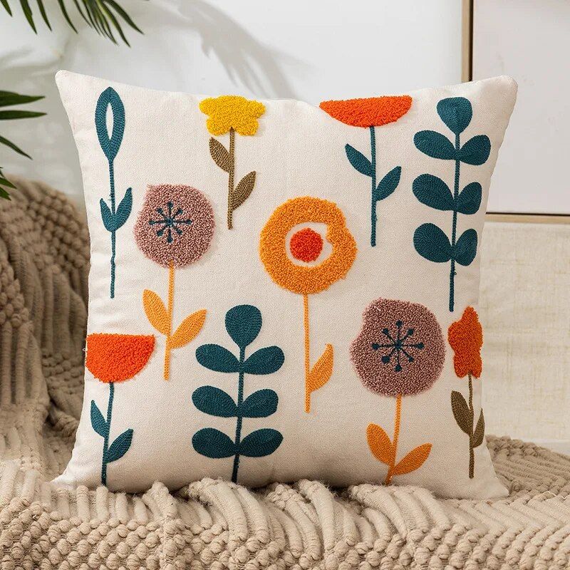 Embroidered Floral Canvas Cushion Cover