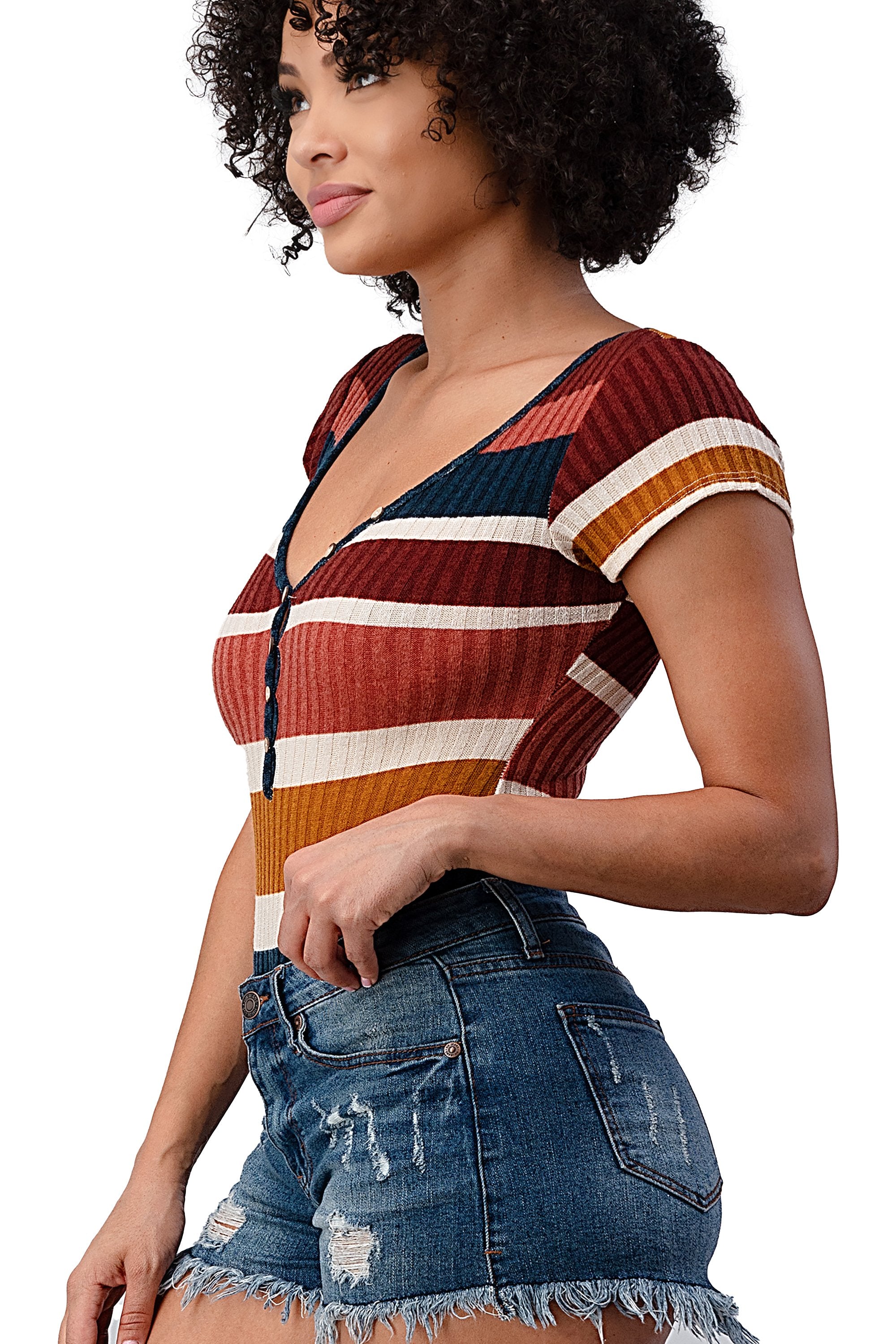 RIB MULTI STRIPE BUTTON NECK SHORT SLEEVE BODYSUIT