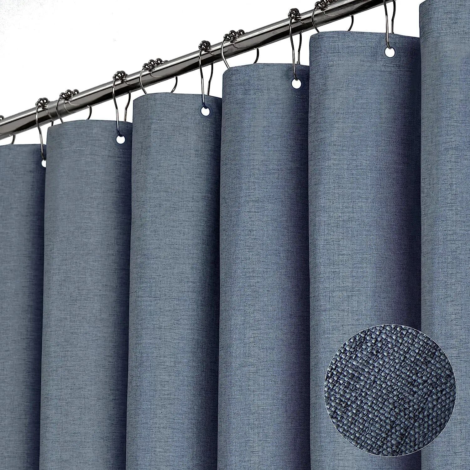 Luxury Waterproof Linen-Texture Shower Curtain with Silver Hooks