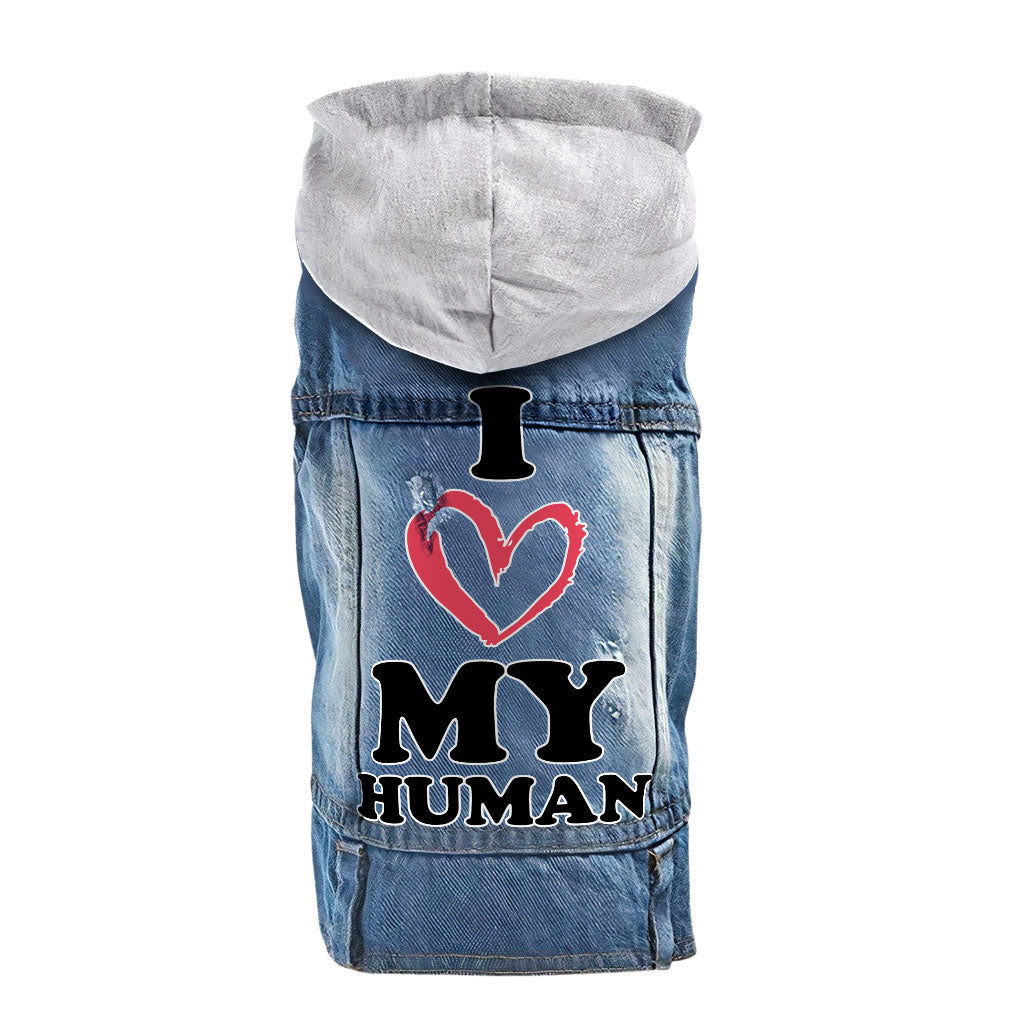 I Love My Human Dog Denim Jacket - Text Design Dog Denim Coat - Heart Dog Clothing