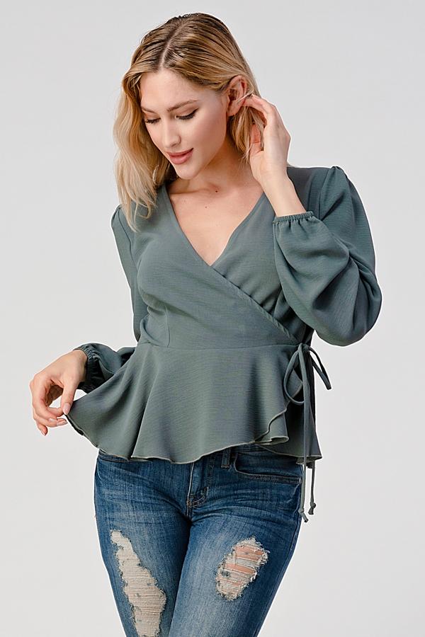 Surplice Tie Waist Long Sleeves Peplum Hem Blouse