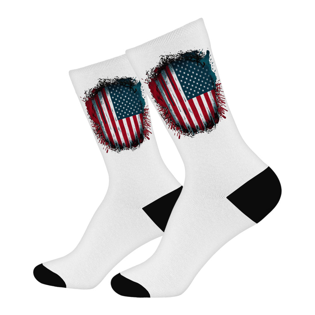 USA Flag Socks - Patriotic Novelty Socks - Cool Art Crew Socks