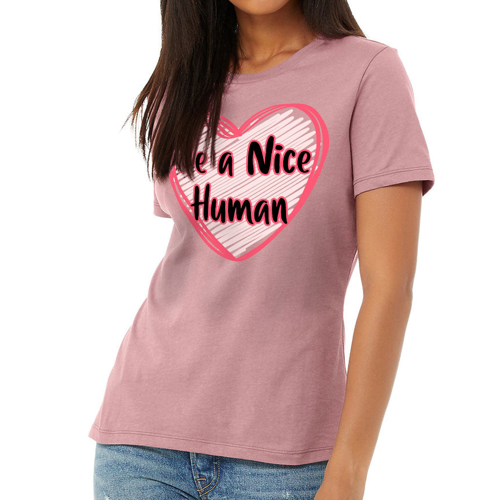 Be a Nice Human Women's T-Shirt - Heart Print T-Shirt - Graphic Relaxed Tee