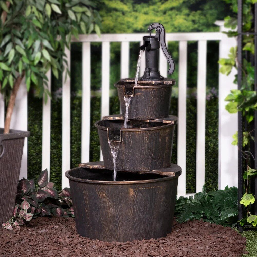 Rustic Charm 40" Three-Tier Barrel Water Fountain for Outdoor Decor