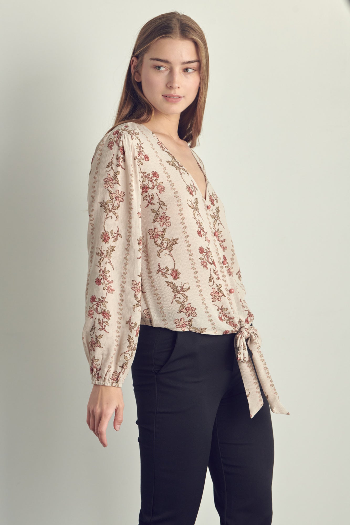 Tie front button detail long sleeve top