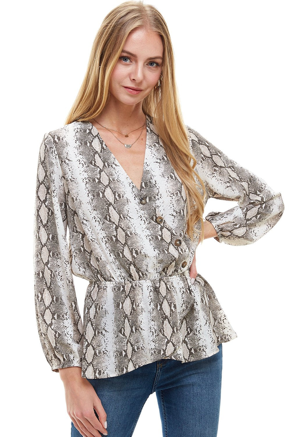 Snake V neck Button Front Peplum Long Sleeve Blouse Top