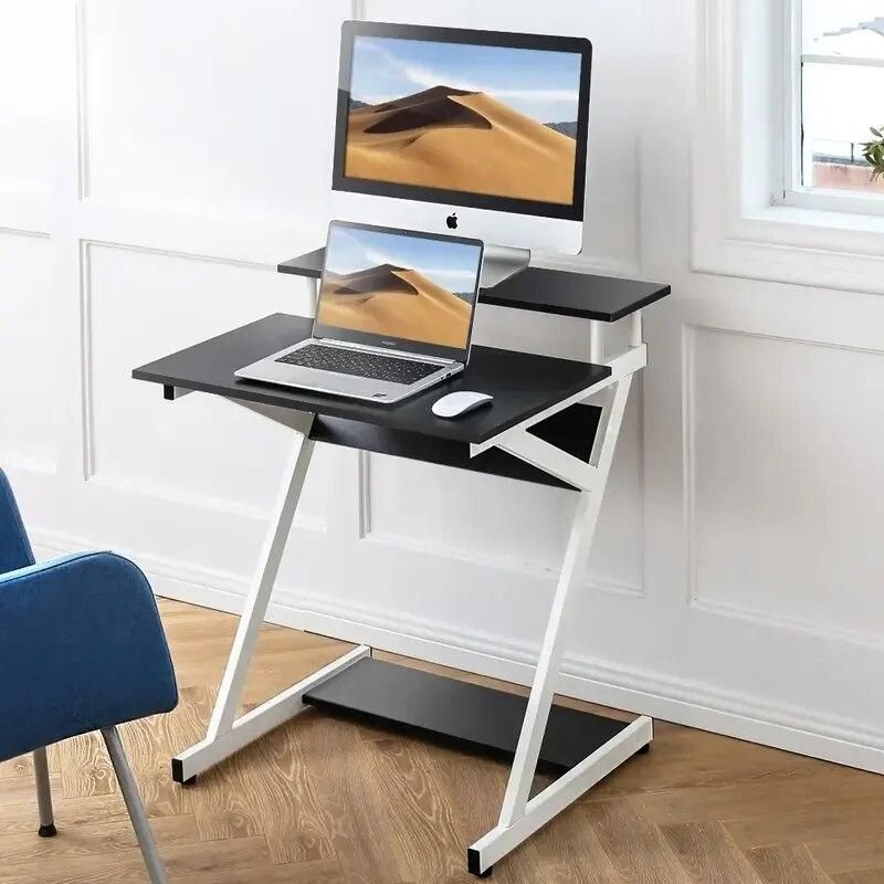 Compact Modern Z-Shaped Computer Desk with Monitor Shelf for Small Spaces