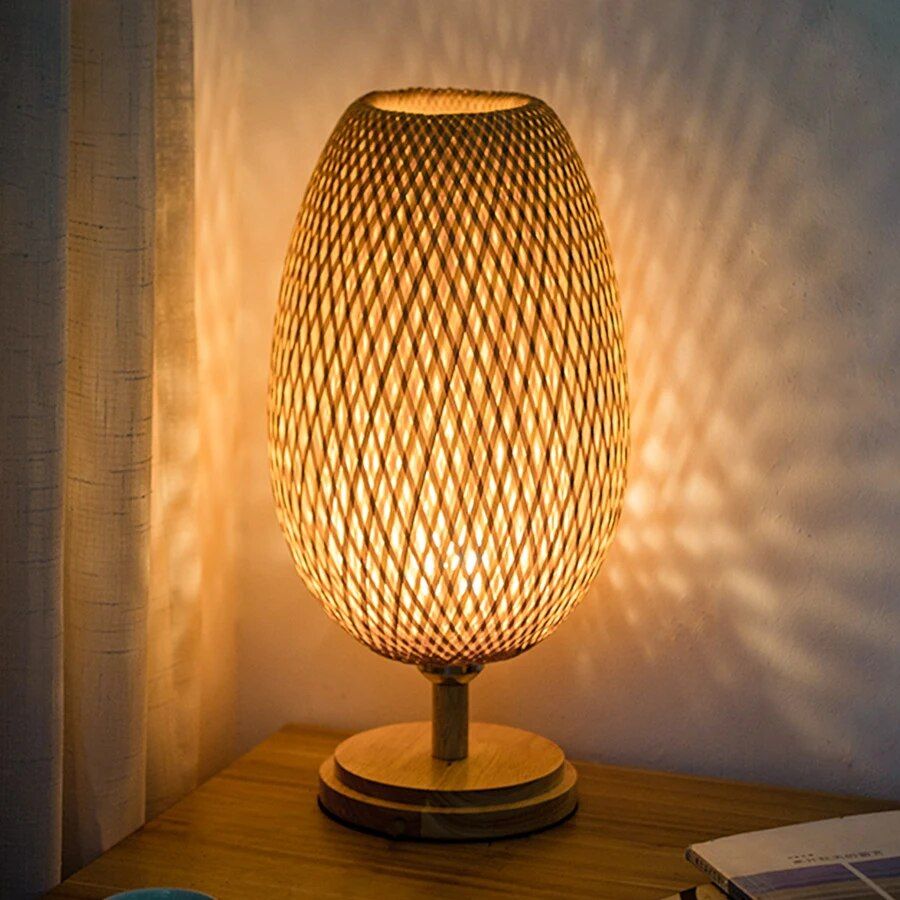 Handwoven Bamboo & Rattan Table Lamp: Retro Japanese-Style Bedside Lighting