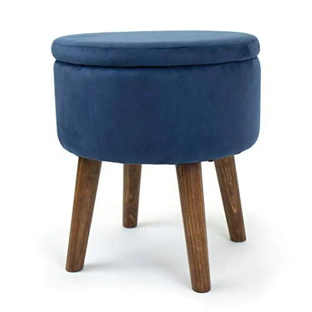 16-Inch Velour Round Storage Ottoman with Wooden Legs