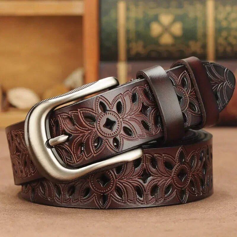 Trendy Hollow Pattern Women's Belt - Vintage Pin Buckle, Metal & PU, Ideal for Jeans