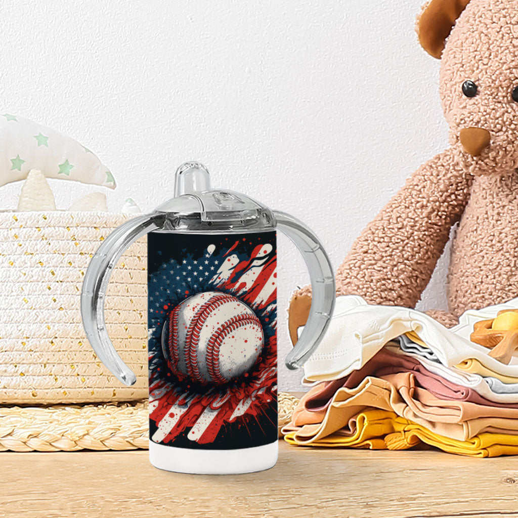 American Flag Baseball Sippy Cup - Patriotic Baby Sippy Cup - Cool Design Sippy Cup