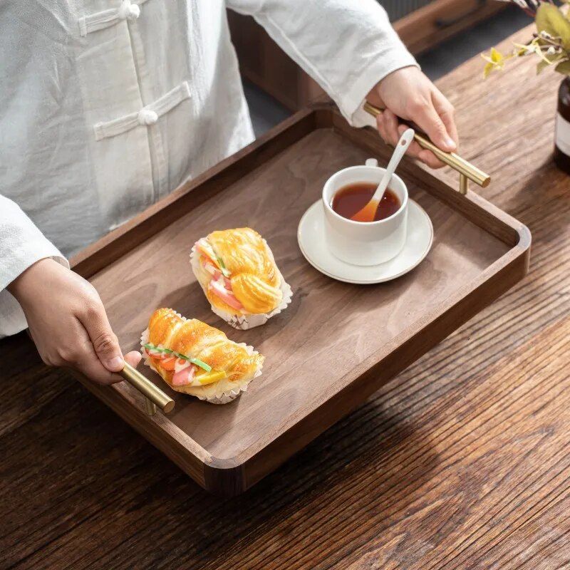 Elegant Wooden Serving Tray with Handles - Modern Rectangular Tableware for Home Decor