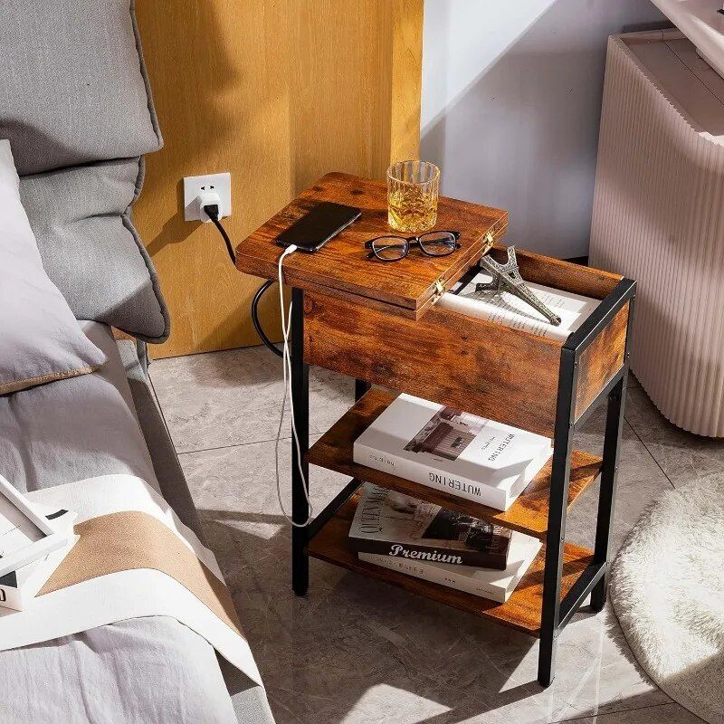 Multi-Functional End Table with Built-In Charging Station and Adjustable Height