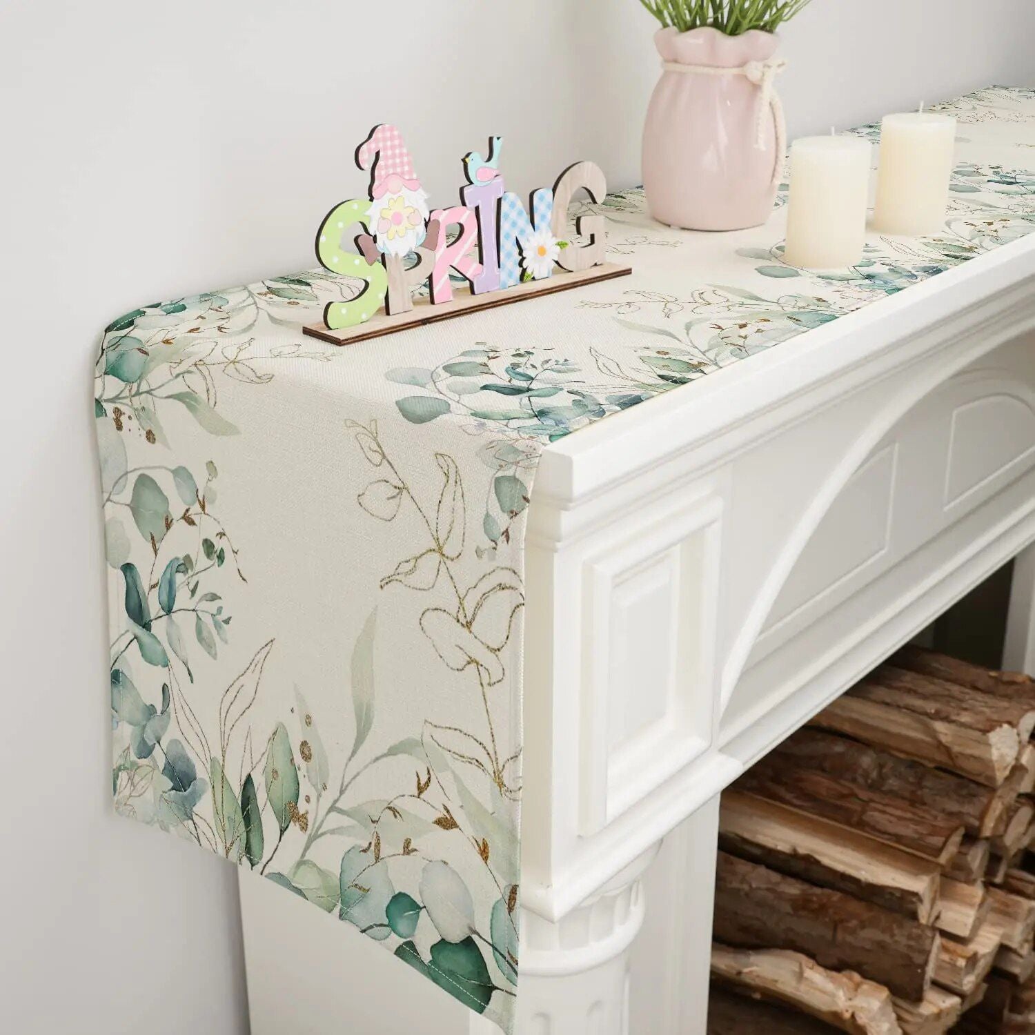 Spring Green Eucalyptus Linen Table Runner