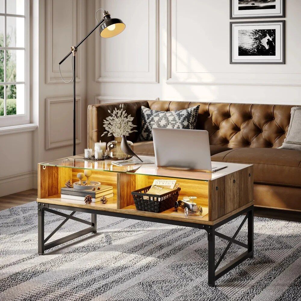 Rustic Oak Coffee Table with LED Lighting and Glass Shelf