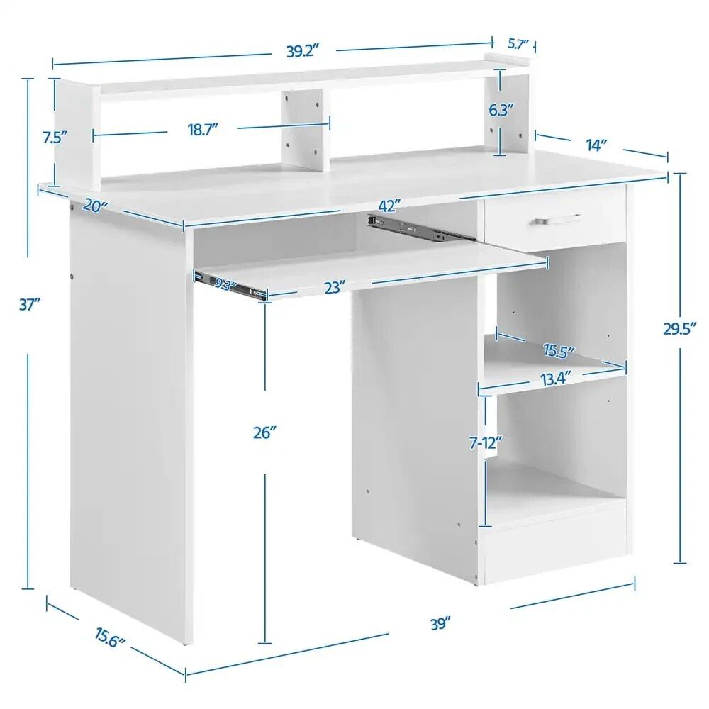 Modern White Wooden Computer Desk with Drawers and Keyboard Tray