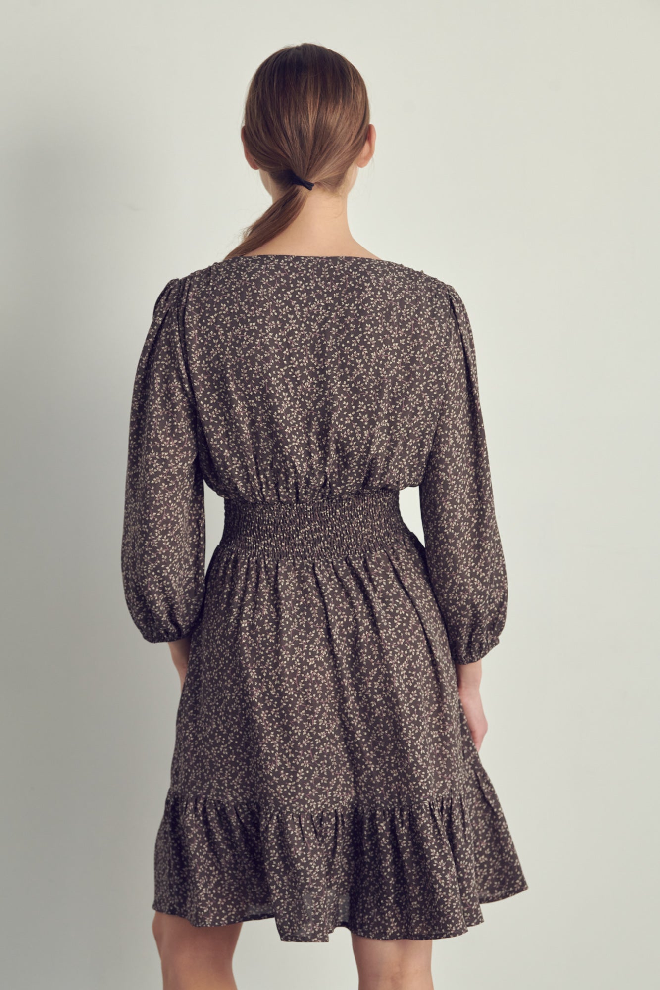 V-neck smocked waisted long sleeve dress