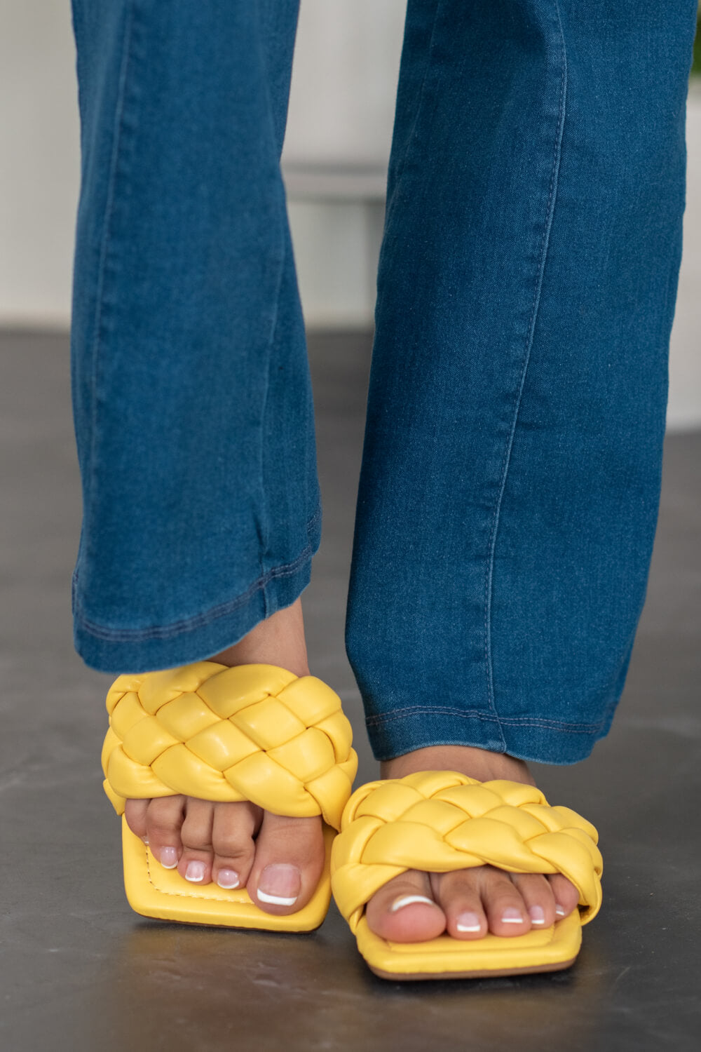 Cakewalk Woven Square Toe Slides in Yellow