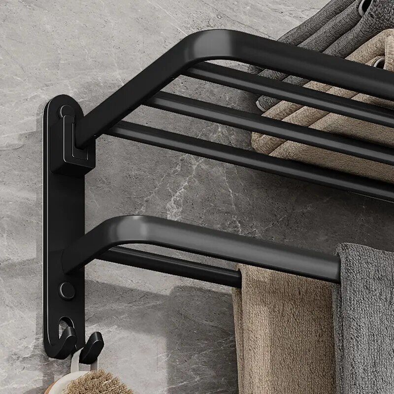 Matte Black 50CM Folding Wall-Mount Aluminum Towel Rack with Hook