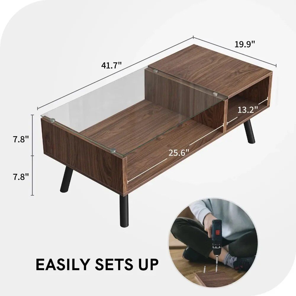 Modern 2-Tier Walnut Coffee Table with Glass Top and Storage