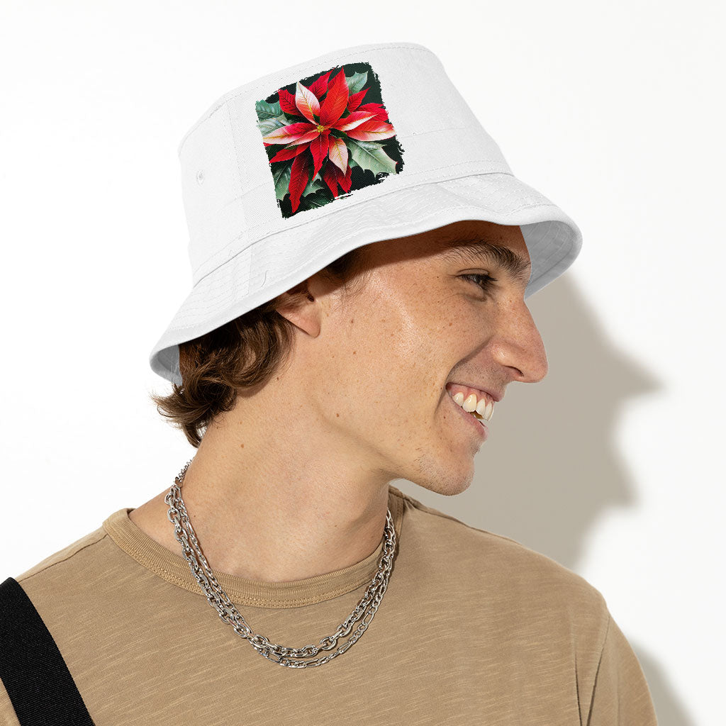 Plant Print Bucket Hat - Poinsettia Hat - Plant Bucket Hat