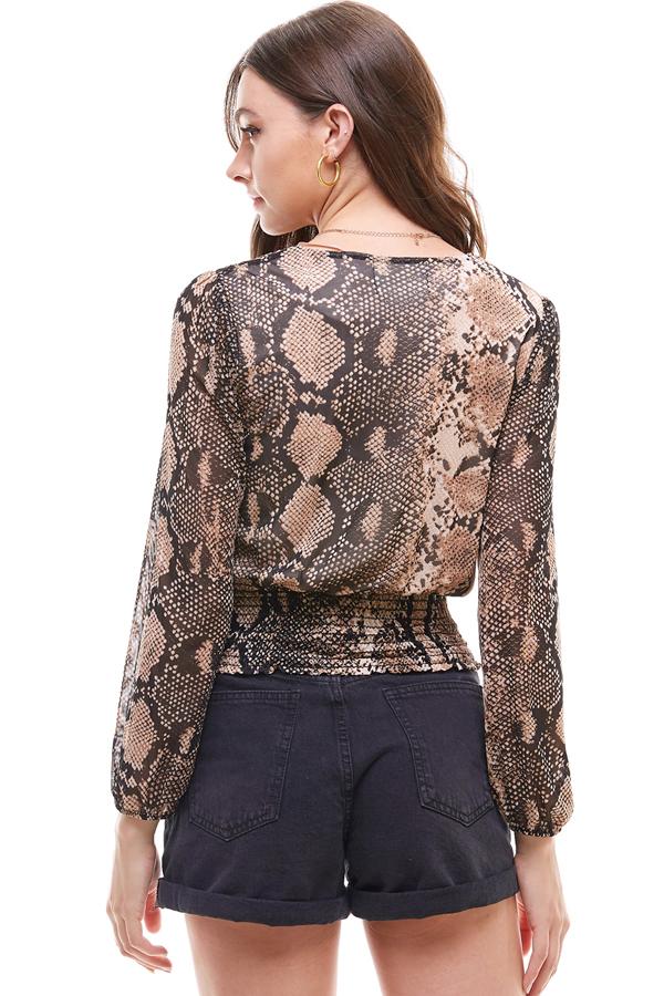 Long Sleeve Brown Snake Skin Surplus Wrap Smocked Waist Blouse Top