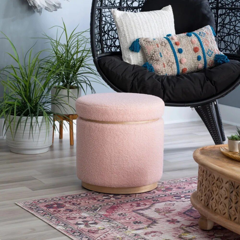 Versatile Blush Sherpa Storage Ottoman Stool