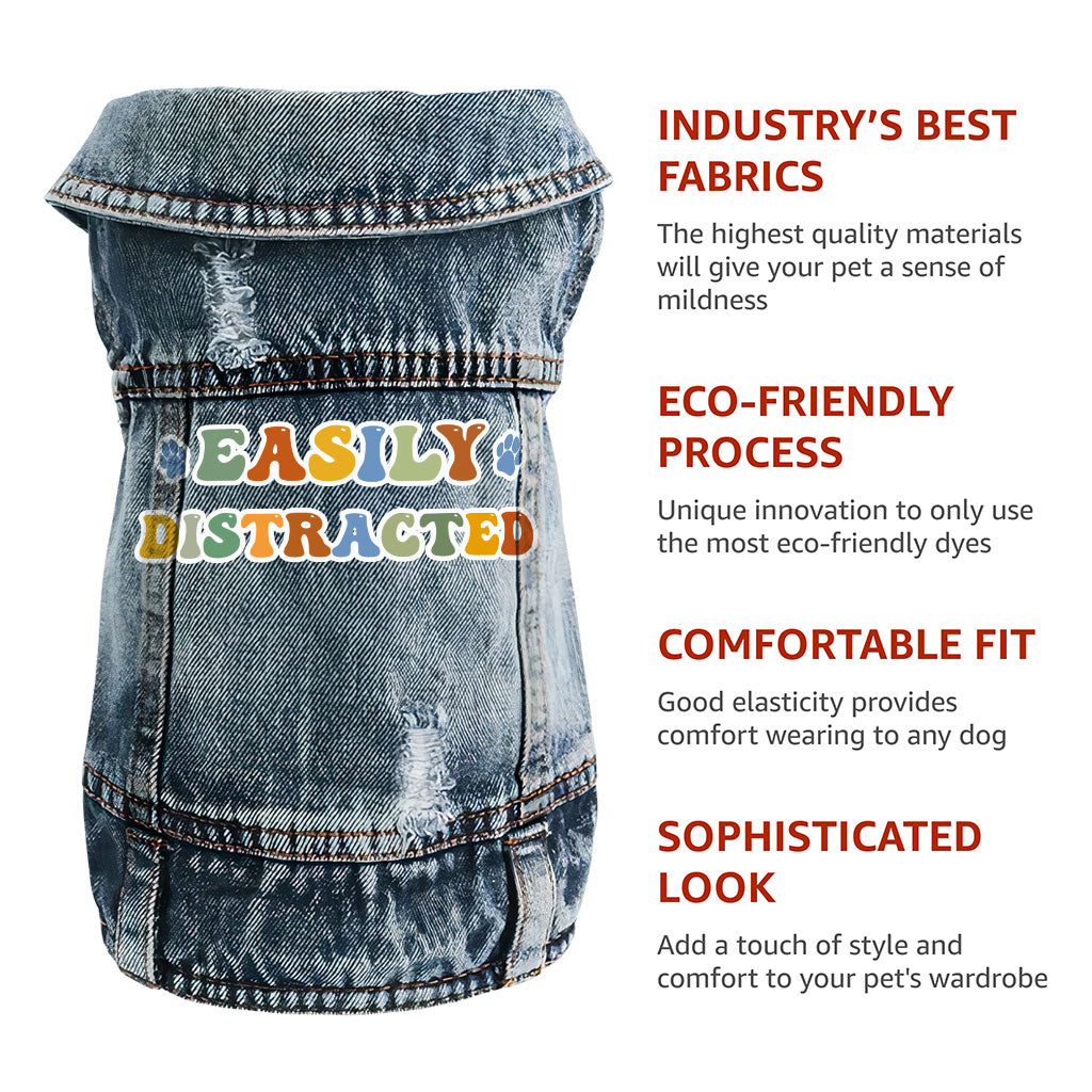 Easily Distracted Dog Denim Vest - Themed Dog Denim Jacket - Colorful Dog Clothing