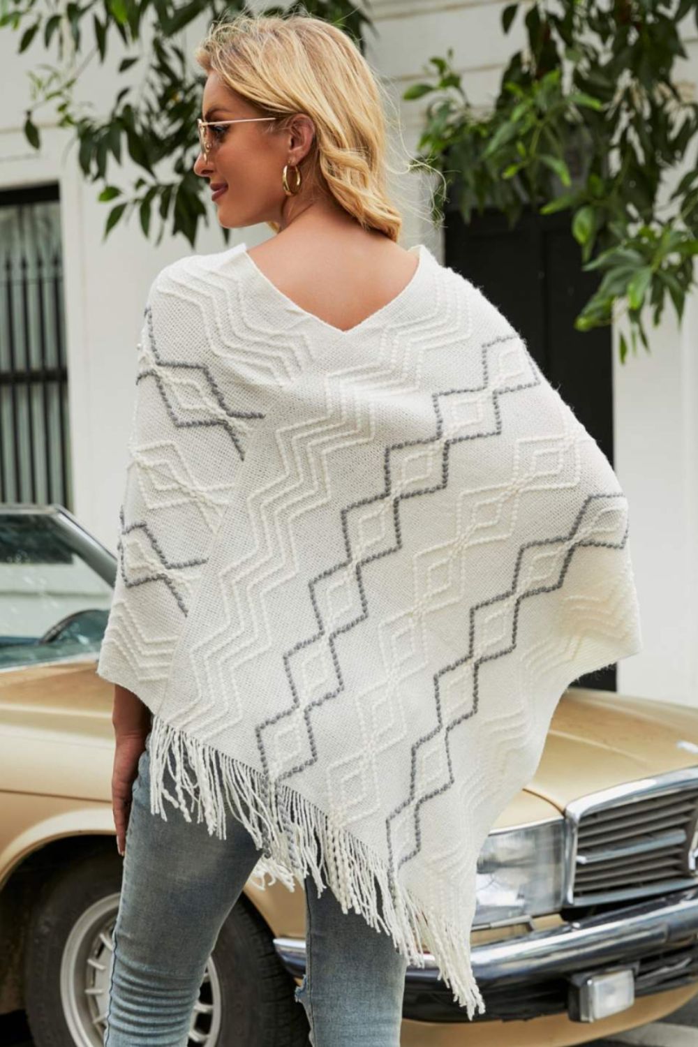 Pearl Trim V-Neck Fringe Hem Poncho